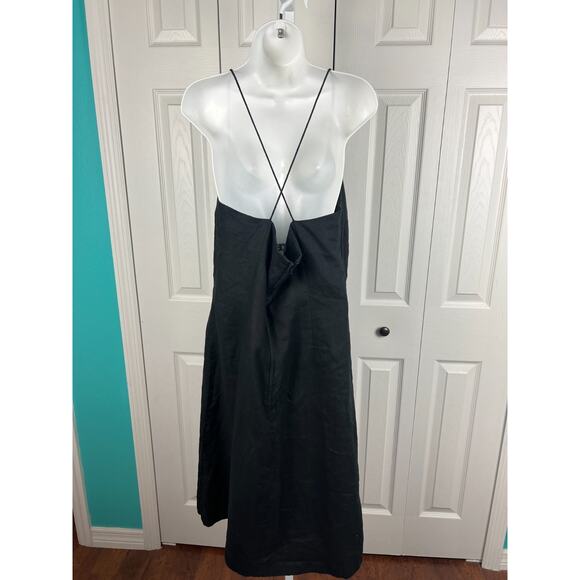 H & M Black Linen Spaghetti Strap Midi Dress Size 14 V-Neck Minimalist Classic - Picture 6 of 6